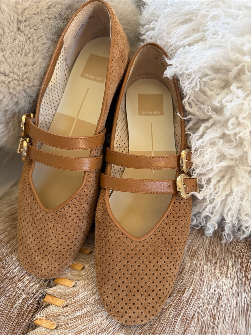 Dolce Vita Tan Perforated Mary Jane Flats with Double Buckle